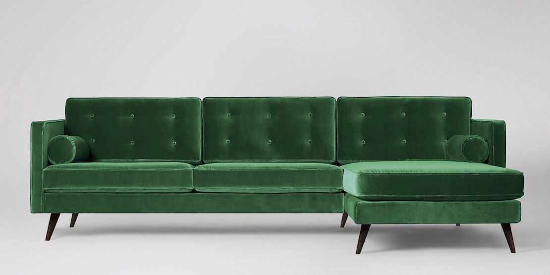 Herald 3-sits soffa med högerdivan Sammet Nouveau Klassisk Grön